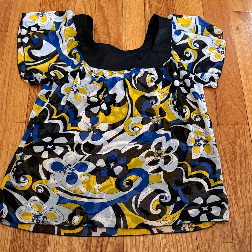 Source Unknown Floral Square-Neck Puff Sleeve Top in Black, Blue & Yellow